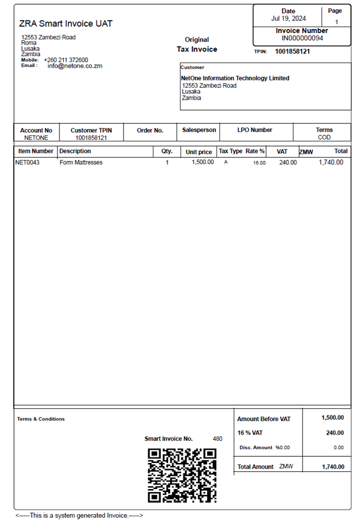 NetSmart Invoice showing Smart Invoice QR Code