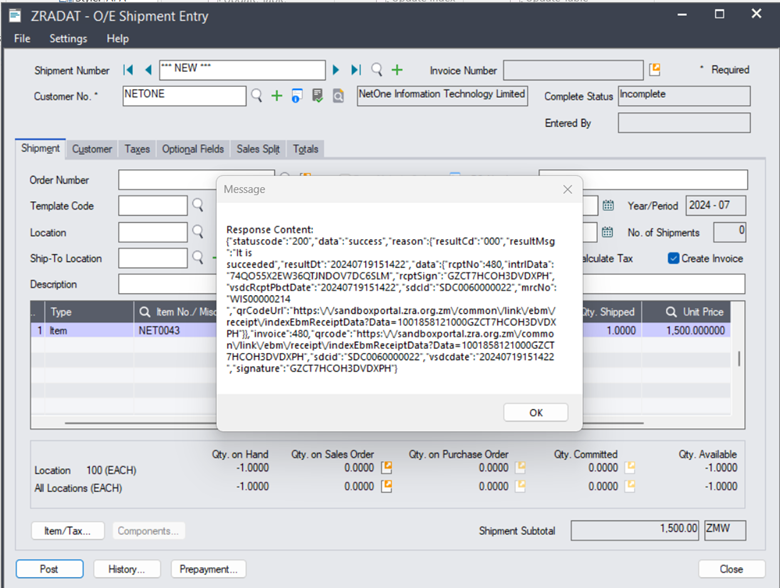 NetSmart OE Shipment updating ZRA