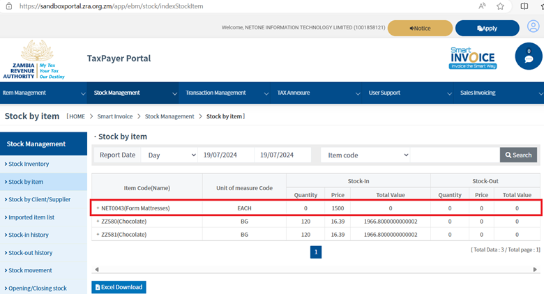 NetSmart stock showing in ZRA Portal